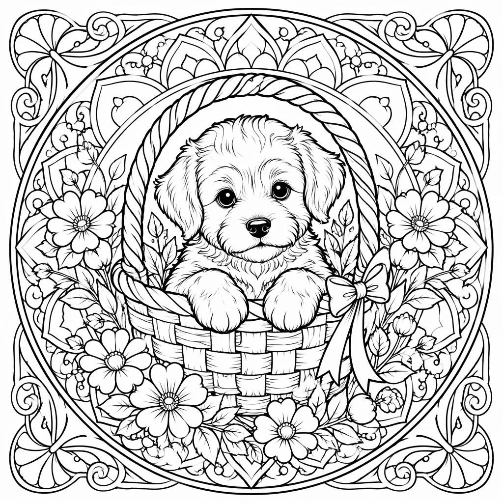 Ilustración para colorear en blanco y negro de un cachorro en una cesta con niños, detalle intrincado estilo art nouveau