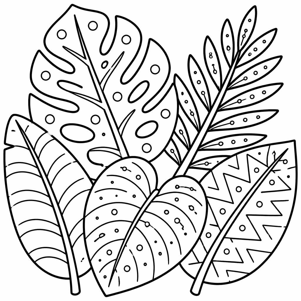 Illustration noir et blanc de grandes feuilles tropicales zentangle, style cartoon simple, contours épais à colorier.