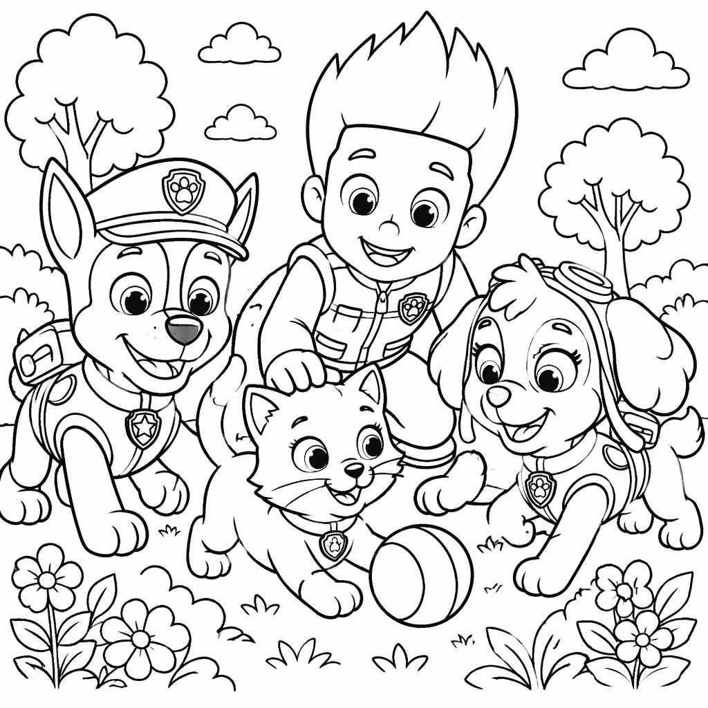 Černobílá omalovánka s hravou kočkou a dětmi v botanickém line-art stylu, čisté obrysy na bílém pozadí.