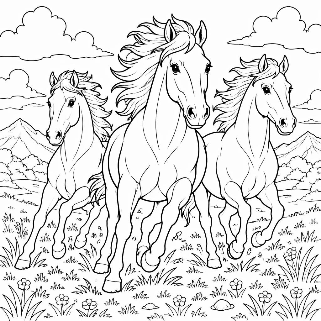 Illustration à colorier en noir et blanc de plusieurs chevaux courant, style manga, contours nets sur fond blanc.