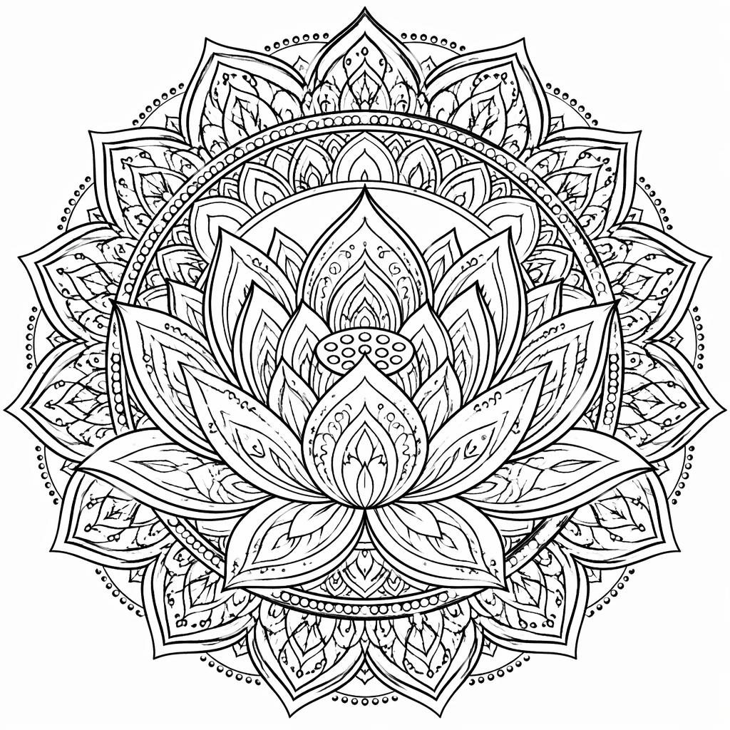 Schwarz-weiße Mandala-Lotus-Ausmalseite für Erwachsene mit feinen, geschlossenen Linien auf weißem Hintergrund.
