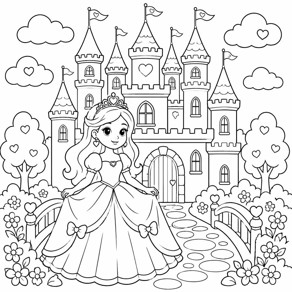 Black-and-white coloring page showing a cute cartoon fairy tale princess castle in clean printable line art.