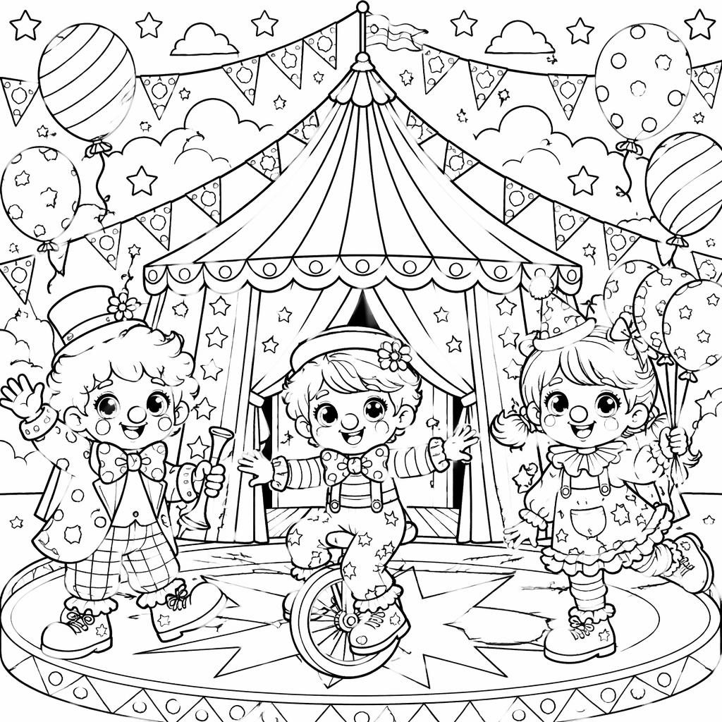 Ilustración para colorear en blanco y negro con carpa de circo, payasos niños y detalles intrincados estilo manga.