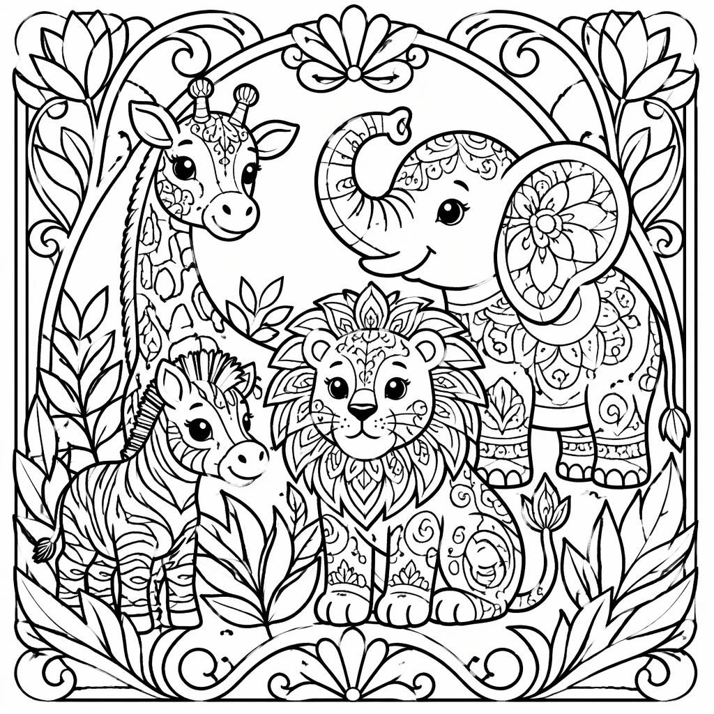 Černobílá omalovánka se safari zvířaty v zentangle stylu, silné obrysy, čisté uzavřené tvary na bílém pozadí.