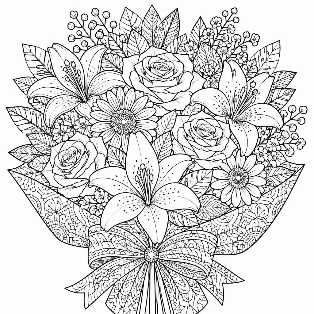 Ilustración en blanco y negro de un ramo de flores detallado, estilo manga, con contornos limpios para colorear.