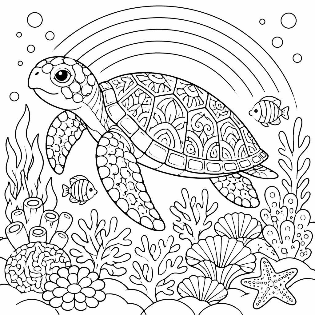 Illustration noir et blanc d’une tortue de mer adulte dans un récif, style doodle simple, contours épais à colorier.