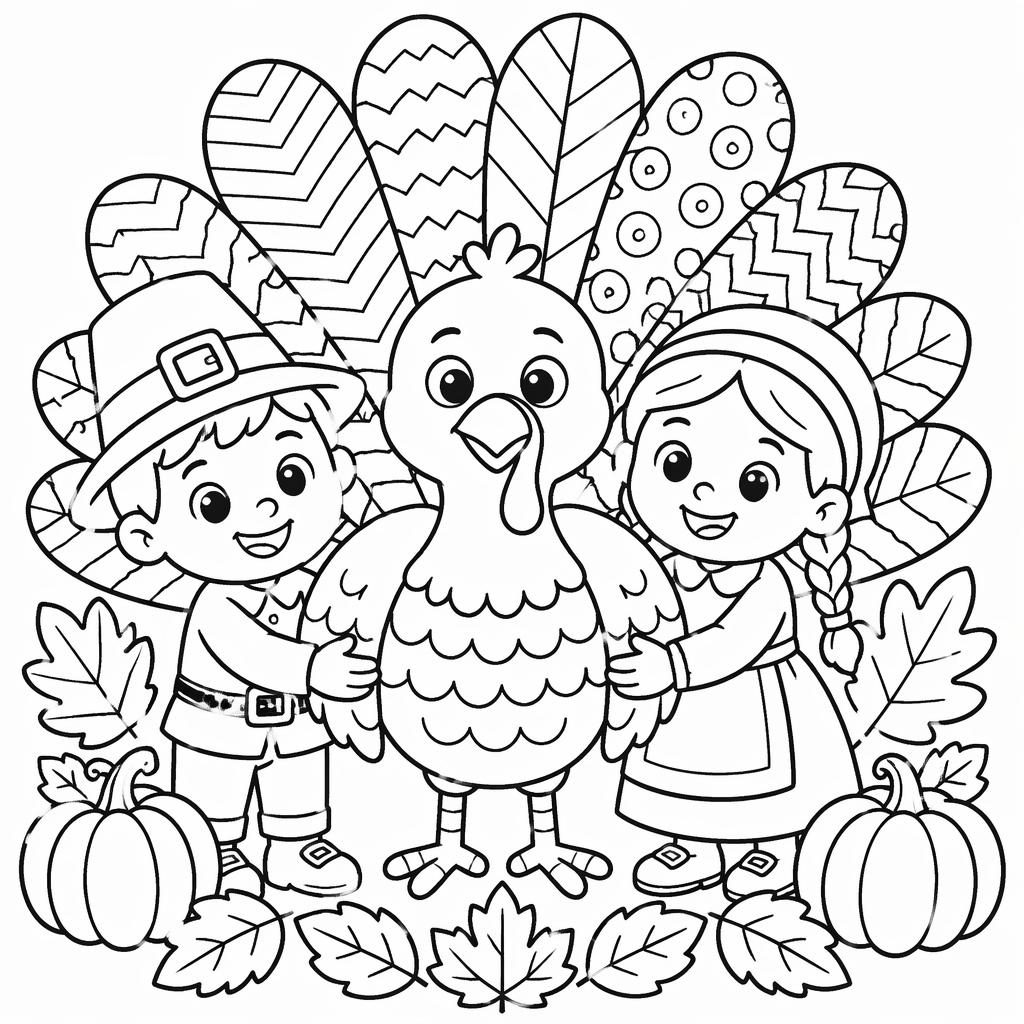 Ilustración para colorear en blanco y negro de un pavo de Acción de Gracias con niños, estilo zentangle.