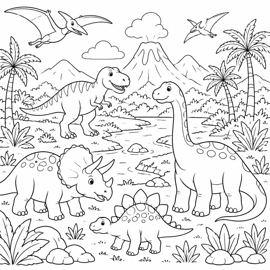 Ilustración para colorear en blanco y negro con escenas de dinosaurios para niños, líneas limpias y formas cerradas.