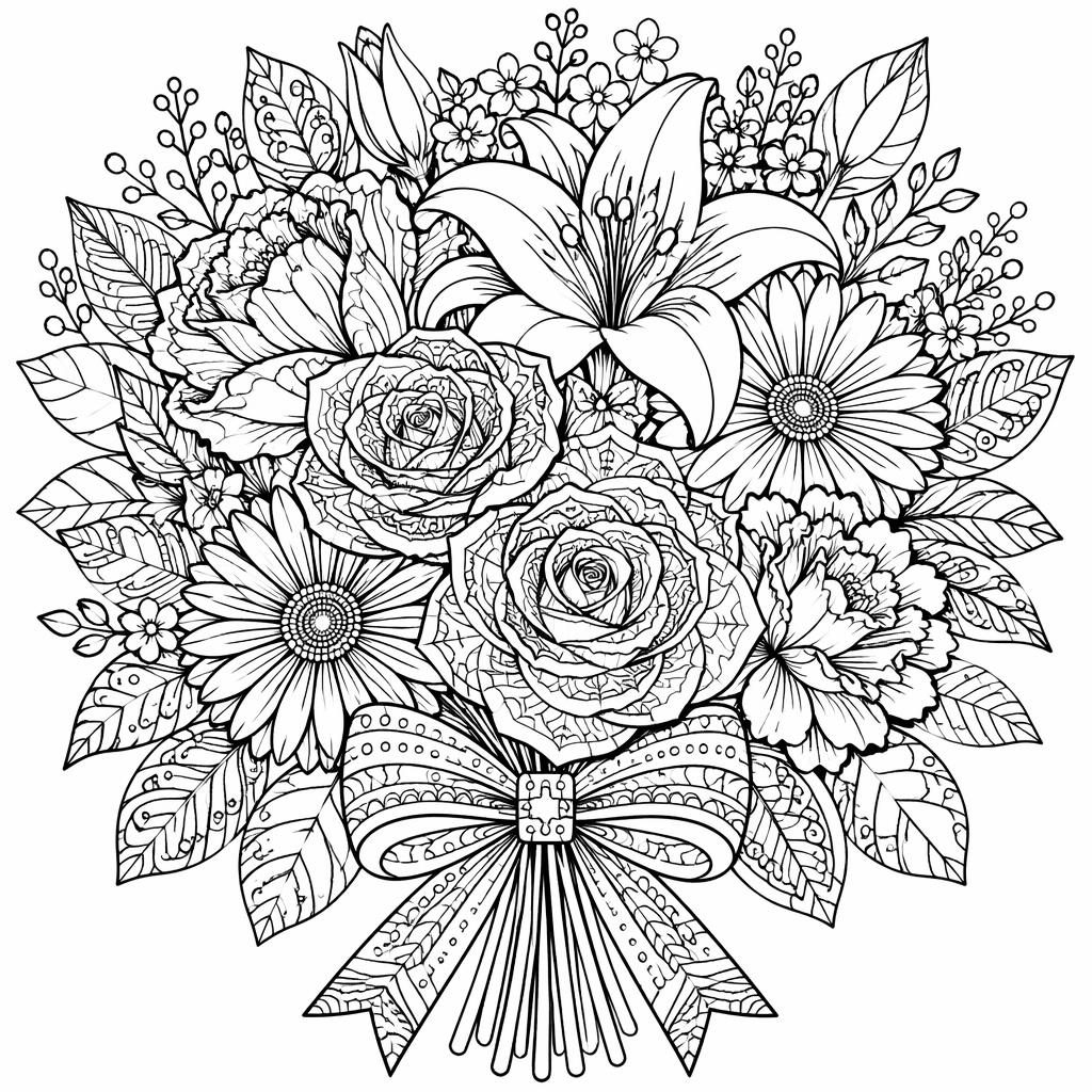 Illustration noir et blanc d’un bouquet de fleurs détaillé style mandala, contours nets, prête à colorier