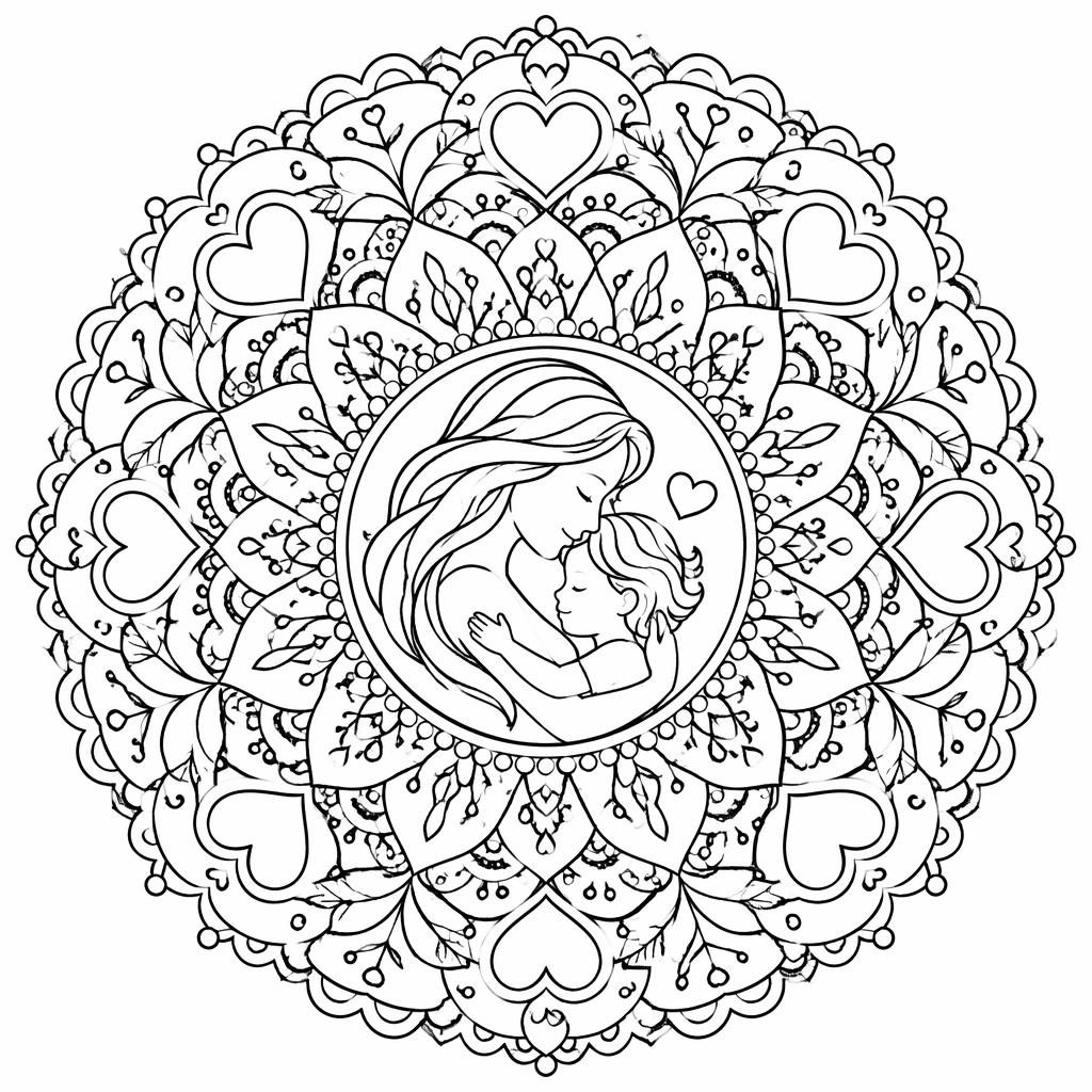 Ilustración en blanco y negro de un mandala intrincado para adultos, con líneas limpias y formas cerradas.