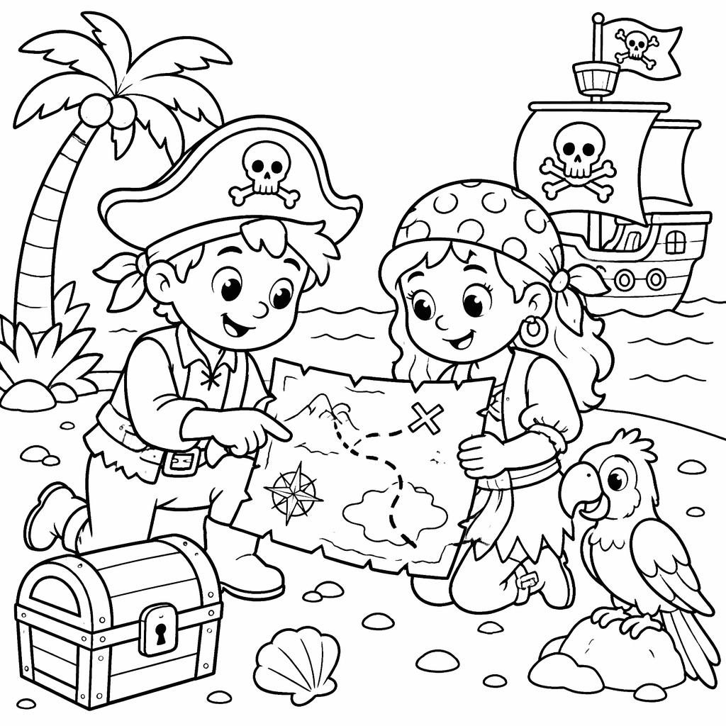 Ilustración para colorear en blanco y negro de niños piratas con mapa del tesoro y gorra estilo caricatura.