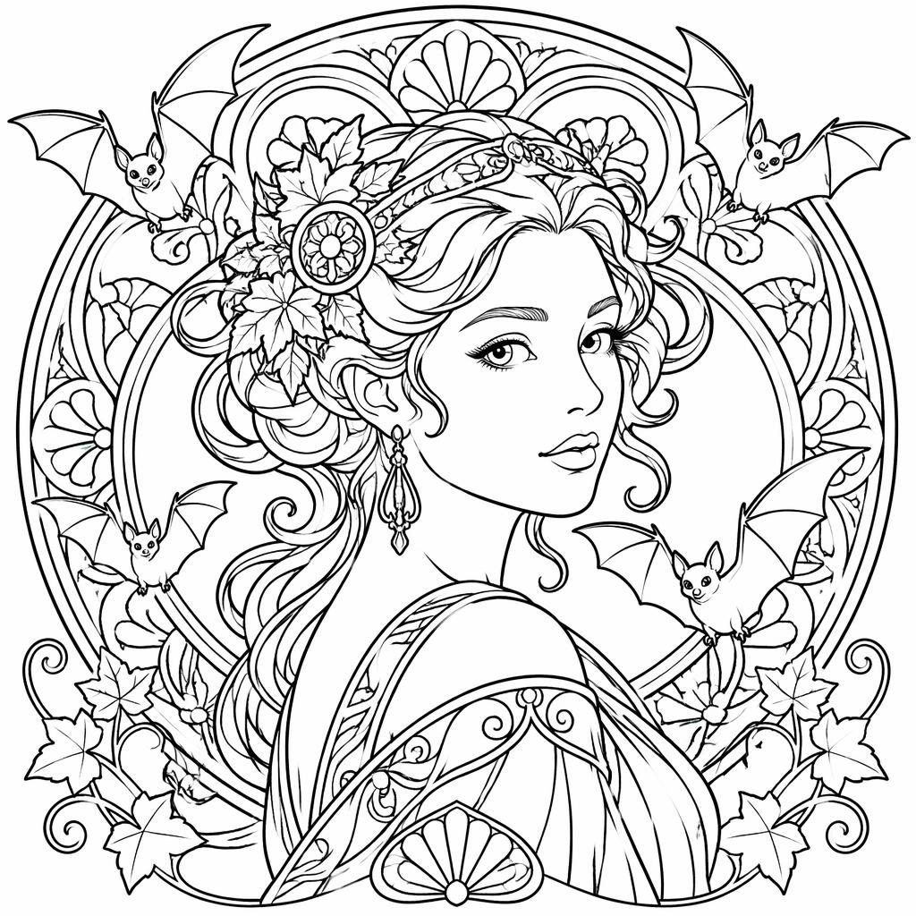 Portrait de femme art nouveau en noir et blanc, style mandala géométrique, contours nets à imprimer et colorier.