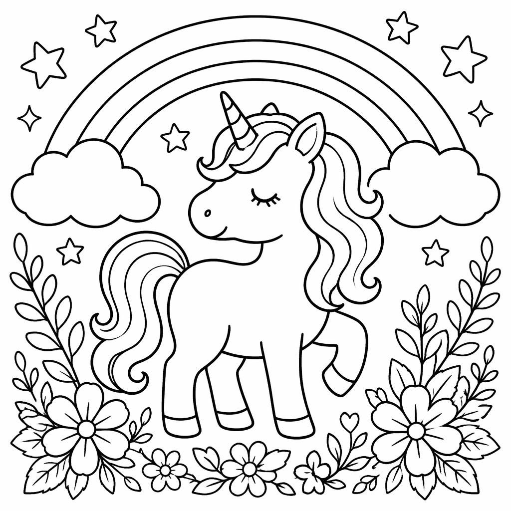 Black-and-white line art of a simple unicorn beside a rainbow with chunky outlines and botanical details on white.