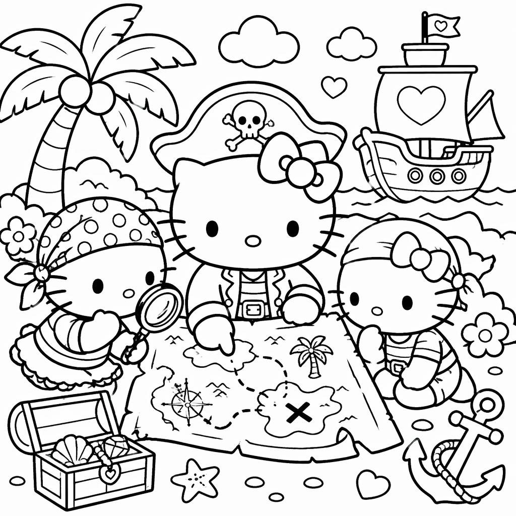 Illustration noir et blanc de style manga avec enfants pirates et carte au trésor, en gros contours à colorier.