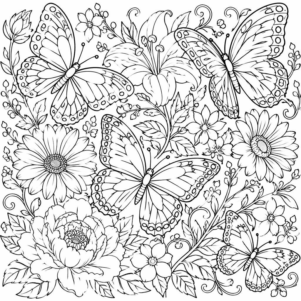 Illustration noir et blanc à colorier avec papillons et fleurs détaillés, contours nets, fond blanc, style mandala.