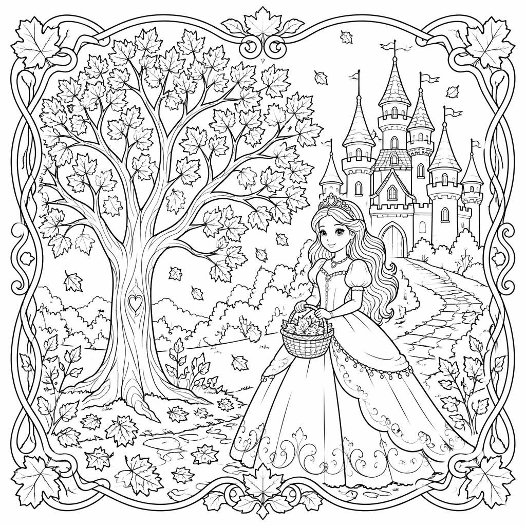 Illustration noir et blanc d’un château de princesse féerique avec enfants, style art nouveau, en contours nets.