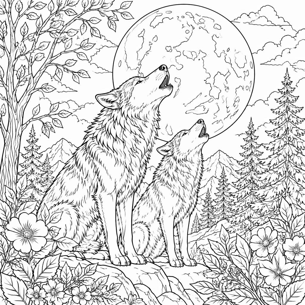 Ilustración para colorear en blanco y negro con lobos aullando a la luna y detalles botánicos, línea limpia.