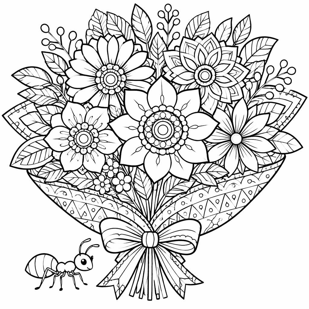 Ilustración en blanco y negro de un ramo de flores detallado estilo mandala, con contornos limpios para colorear.