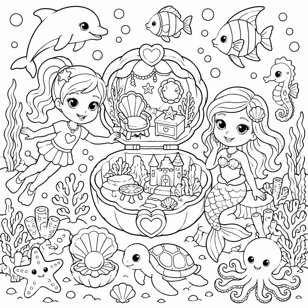 Ilustración para colorear en blanco y negro de una escena submarina infantil con peces, coral y burbujas.