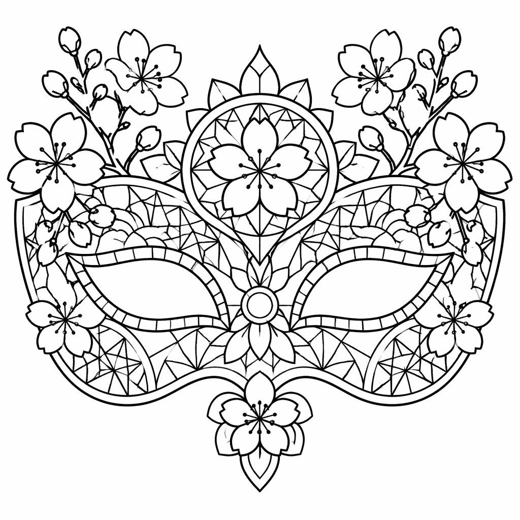 Illustration noir et blanc à colorier d’un adulte avec fleurs de cerisier japonaises, style mandala géométrique.