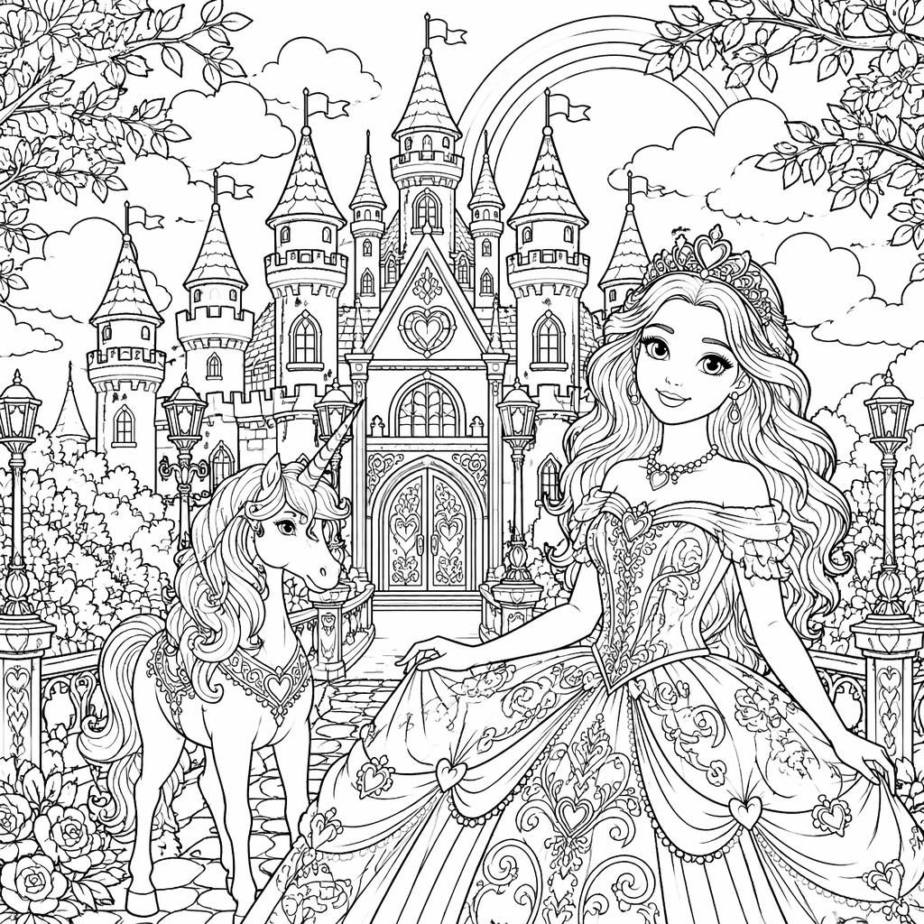 Ilustración para colorear en blanco y negro de un castillo de princesa de cuento con detalles intrincados.