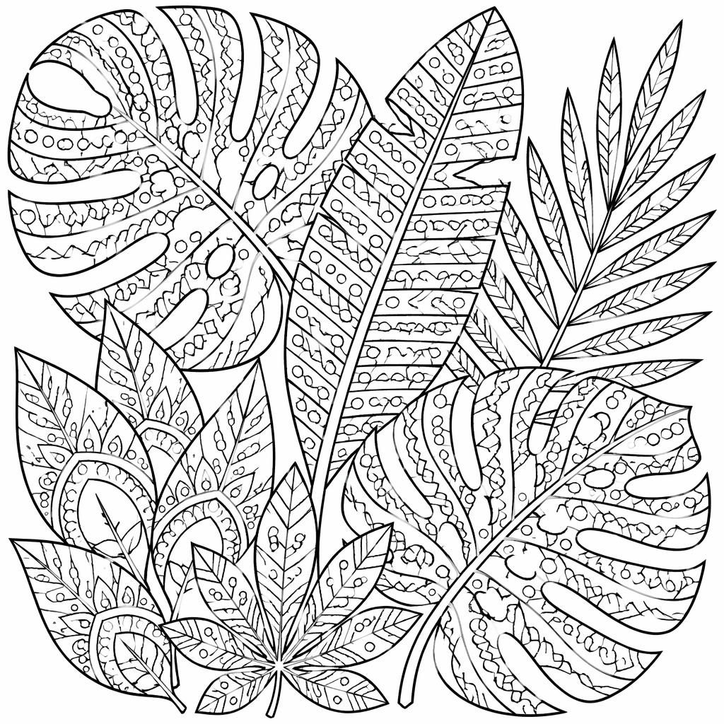 Schwarz-weißes Ausmalbild mit tropischen Blättern im Zentangle- und Mandala-Stil, klare Konturen auf weißem Hintergrund.