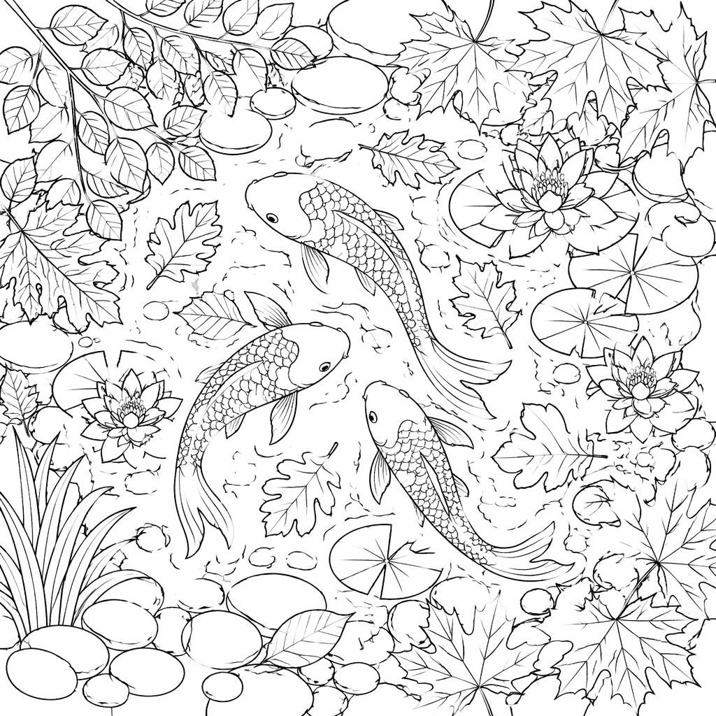 Ilustración en blanco y negro de un estanque koi detallado con hojas y elementos botánicos, estilo página para colorear.
