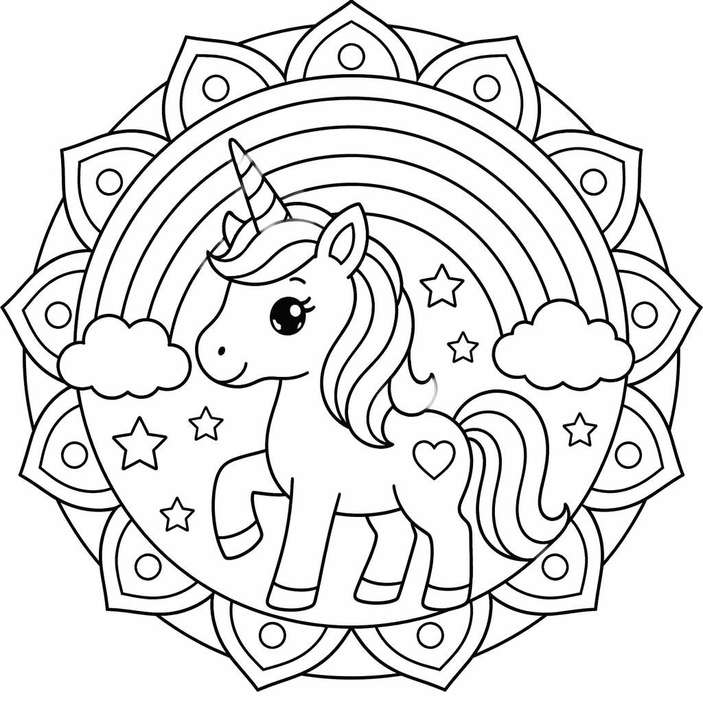 Black-and-white coloring page with a simple unicorn beside a rainbow in a geometric mandala line-art style.