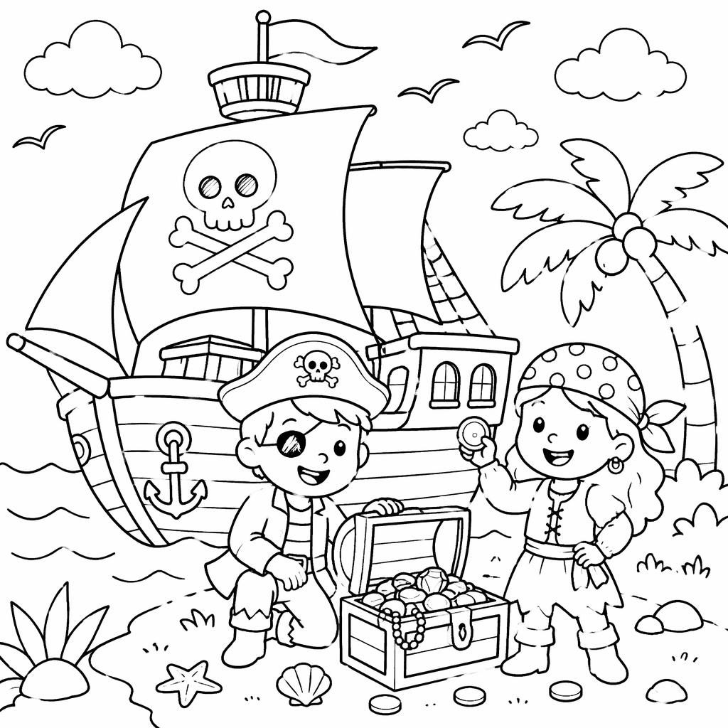 Schwarz-weiße Ausmalbild-Illustration mit niedlichem Piratenschiff, Schatztruhe und Kindern im Cartoon-Stil.