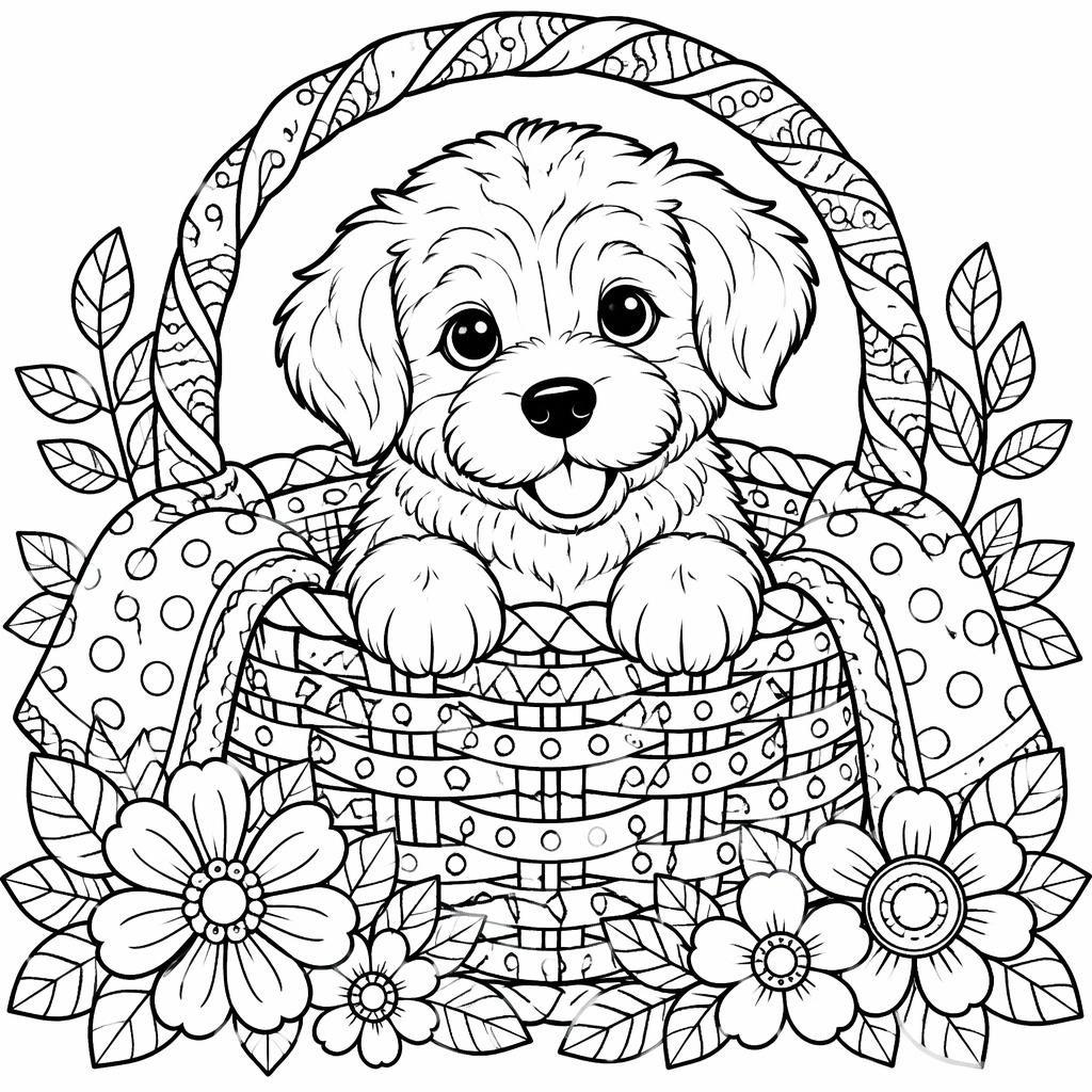 Schwarz-weiße Ausmalbild-Illustration: Welpe im Korb mit Kindern, einfache Zentangle-Linien, sauberer weißer Hintergrund.