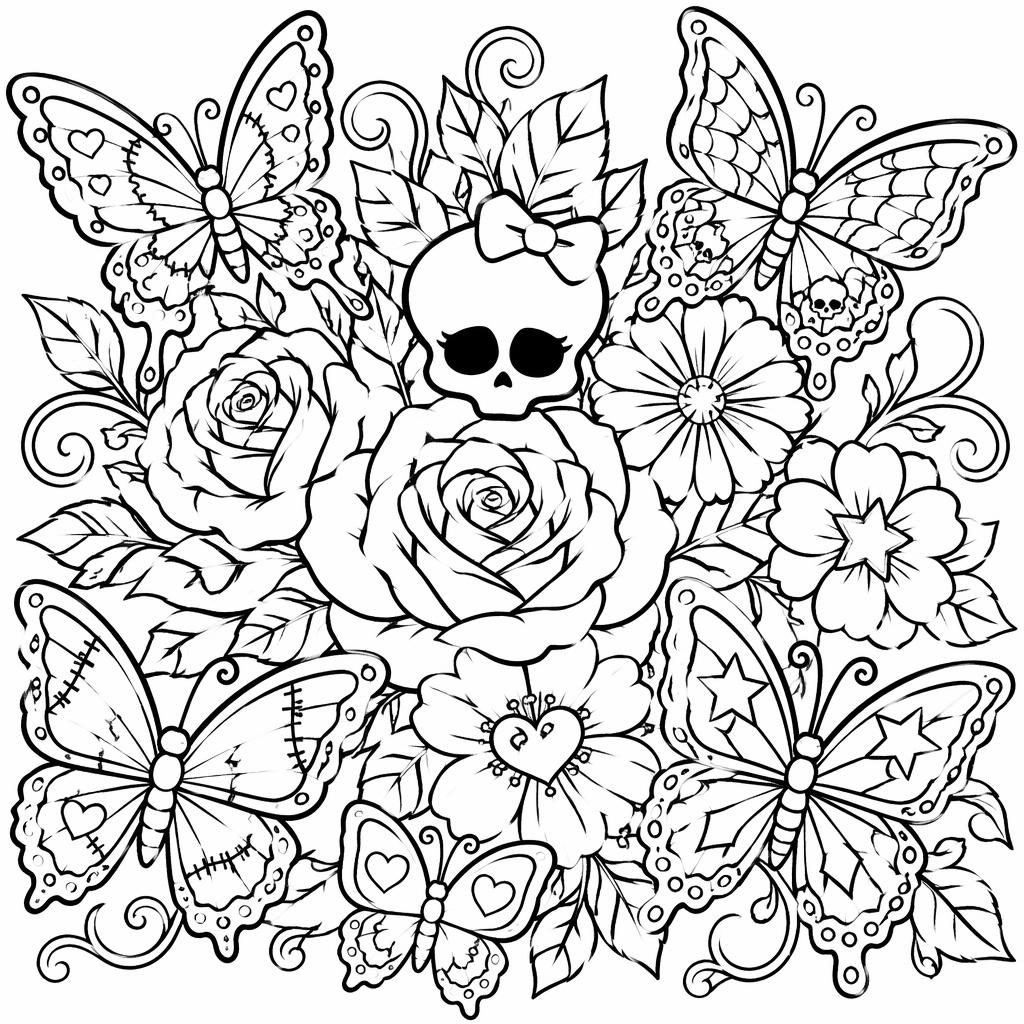 Ilustración para colorear en blanco y negro con mariposas y flores detalladas, estilo manga, contornos limpios.