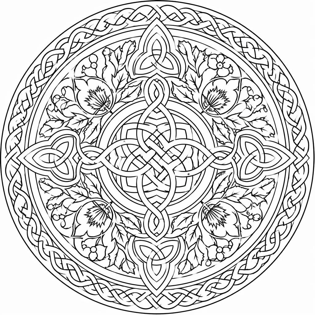 Ilustración para colorear en blanco y negro con nudos celtas intrincados y detalles botánicos, estilo mandala.