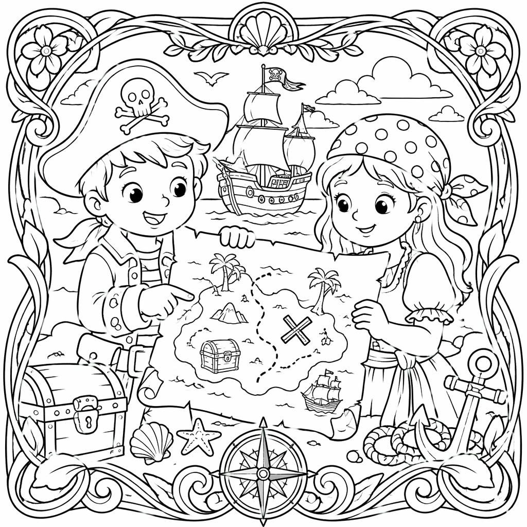 Schwarz-weiße Ausmalbild-Illustration mit Kindern als Piraten und Schatzkarte im detailreichen Jugendstil.