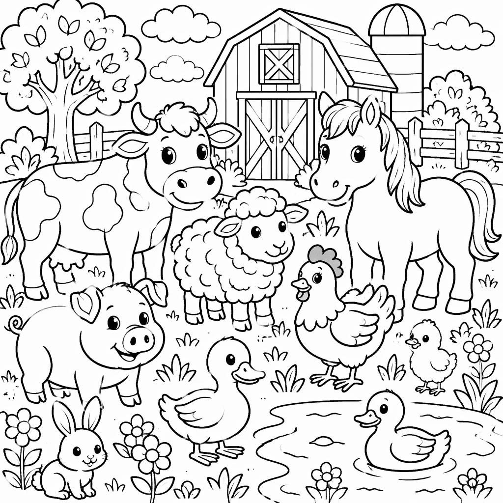 Illustration noir et blanc d’animaux de la ferme pour enfants, en contours épais et formes fermées à colorier.