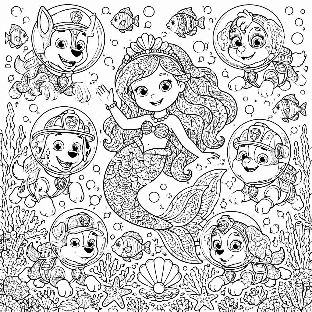 Ilustración en blanco y negro de una sirena bajo el mar con detalles zentangle, lista para colorear.