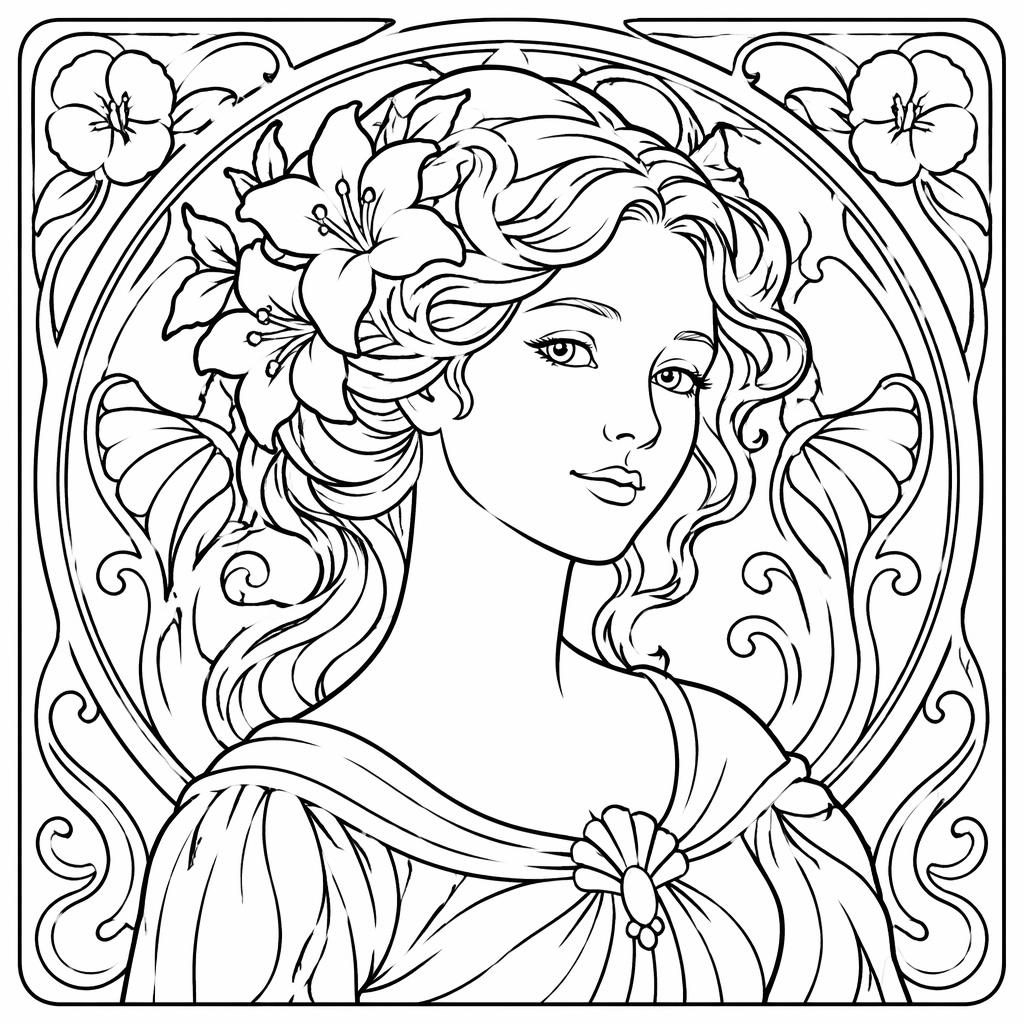 Black-and-white coloring page of an art nouveau woman portrait in a cute cartoon style with clean bold outlines.