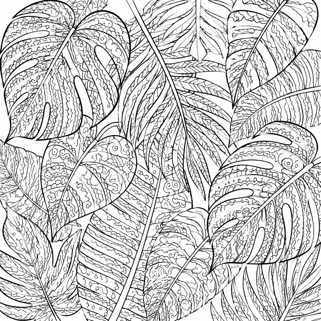 Illustration noir et blanc de feuilles tropicales en zentangle, style manga détaillé, contours nets à colorier.