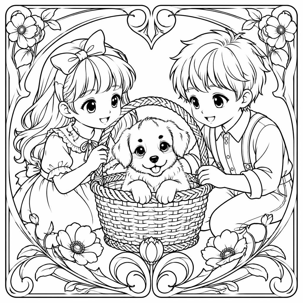 Illustration noir et blanc à imprimer d’un chiot dans un panier avec des enfants, style art nouveau en line art