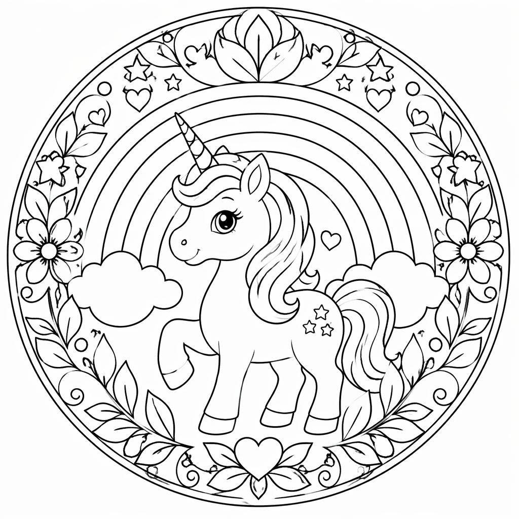Illustration noir et blanc d’une licorne simple avec arc-en-ciel, contours botaniques nets pour coloriage enfant