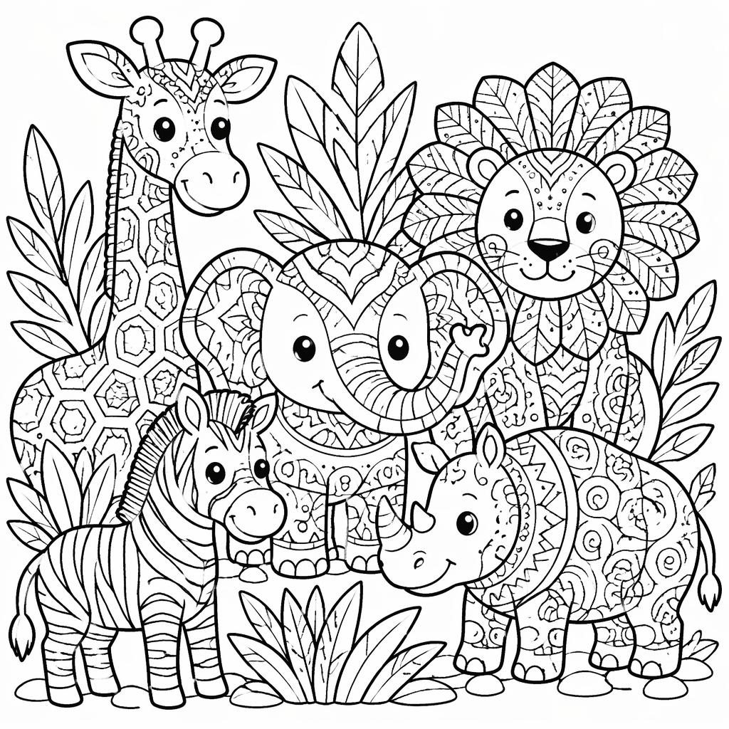 Illustration à colorier en noir et blanc avec animaux de safari zentangle, style cartoon mignon, contours nets sur fond blanc.