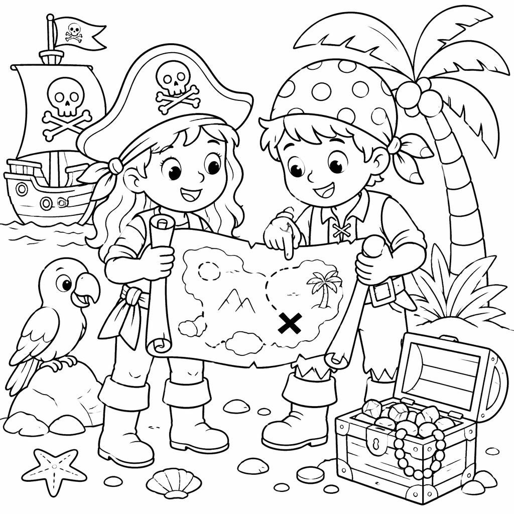 Black-and-white coloring page of cute pirate kids with a treasure map in simple cartoon line art on a white background.