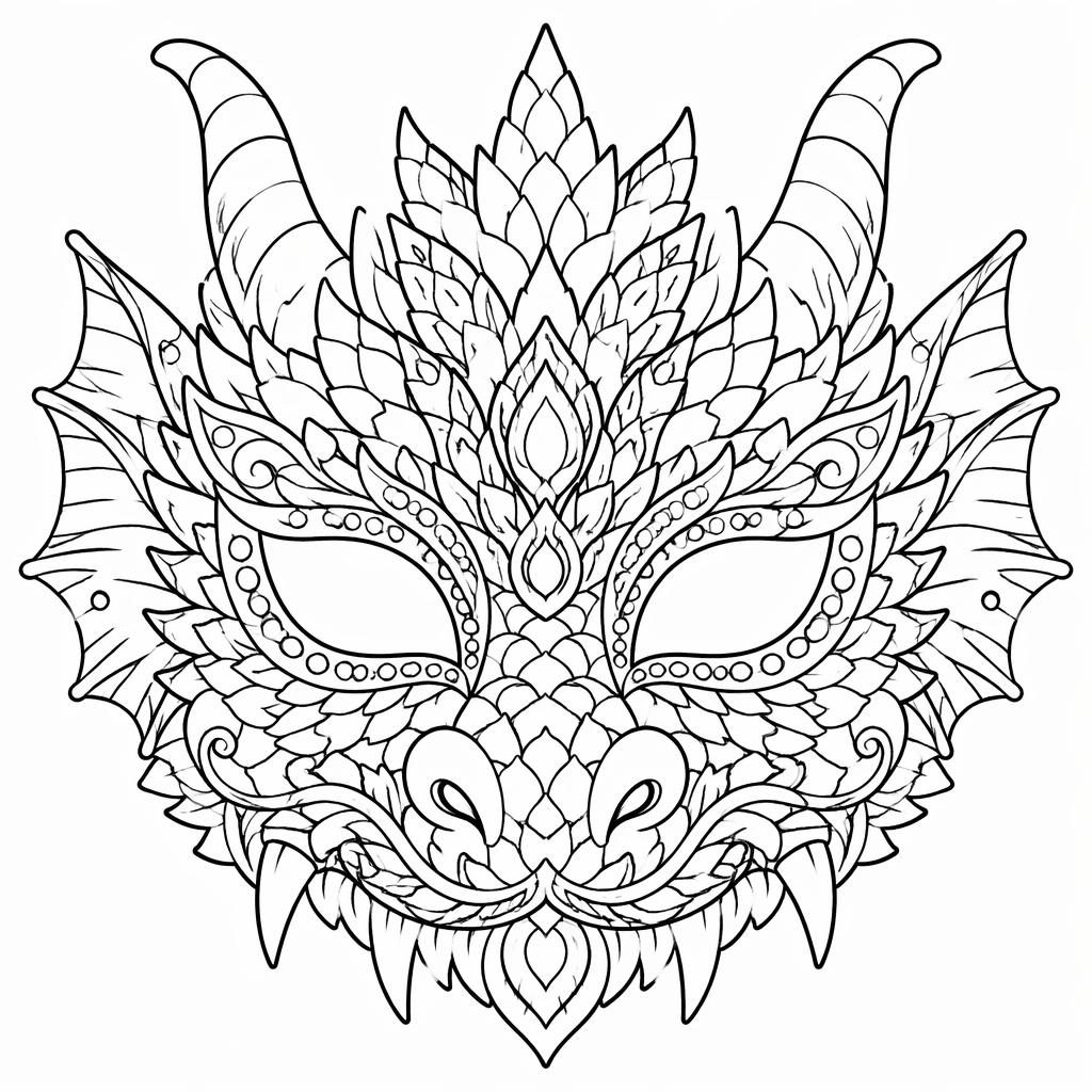 Black-and-white printable dragon mask coloring page with intricate mandala-style line art and closed shapes.