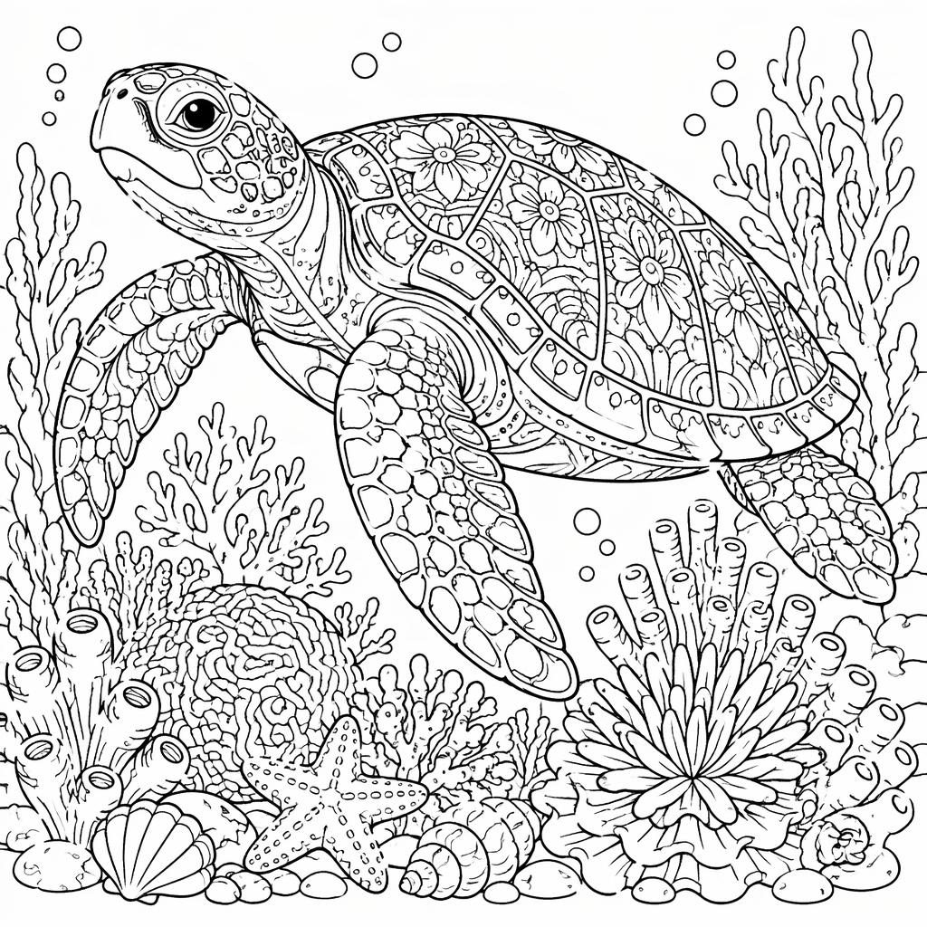 Schwarz-weiße Ausmalvorlage mit erwachsener Meeresschildkröte am Riff im detailreichen Zentangle-Stil.