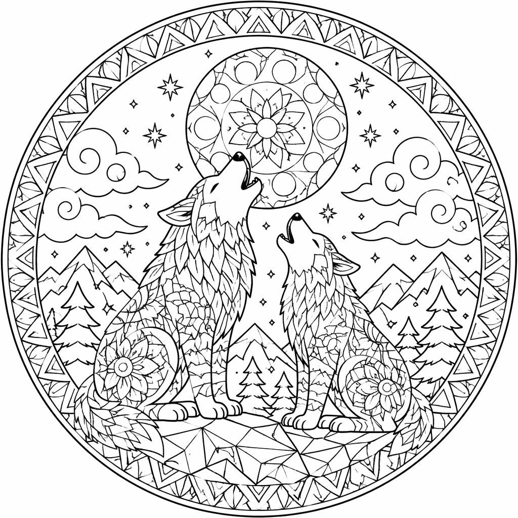 Illustration à colorier en noir et blanc de loups adultes hurlant à la lune, avec motifs géométriques style mandala.