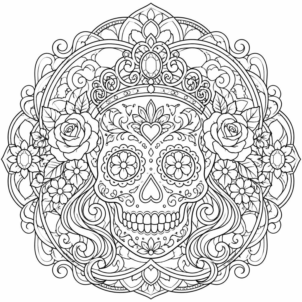 Ilustración para colorear en blanco y negro de una calavera de azúcar Día de los Muertos con detalles art nouveau.
