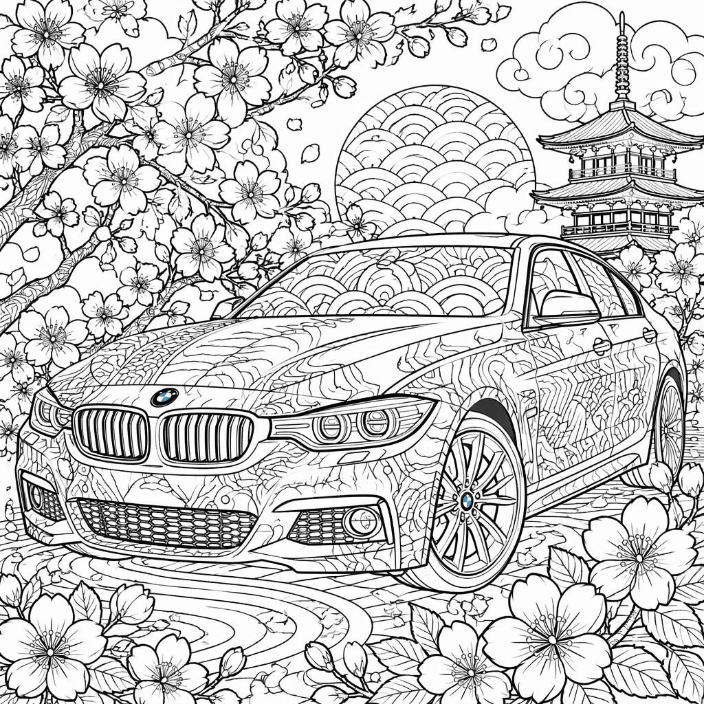 Schwarz-weiße Ausmalvorlage mit japanischer Kirschblüte im filigranen Zentangle-Stil auf weißem Hintergrund.