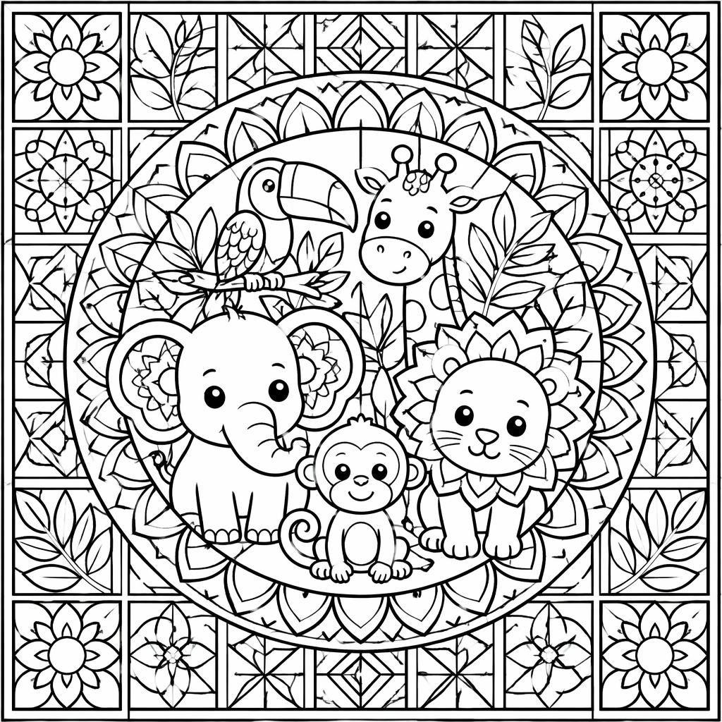 Página para colorear en blanco y negro con animales de la selva infantiles y detalles de mandalas cuadriculadas.
