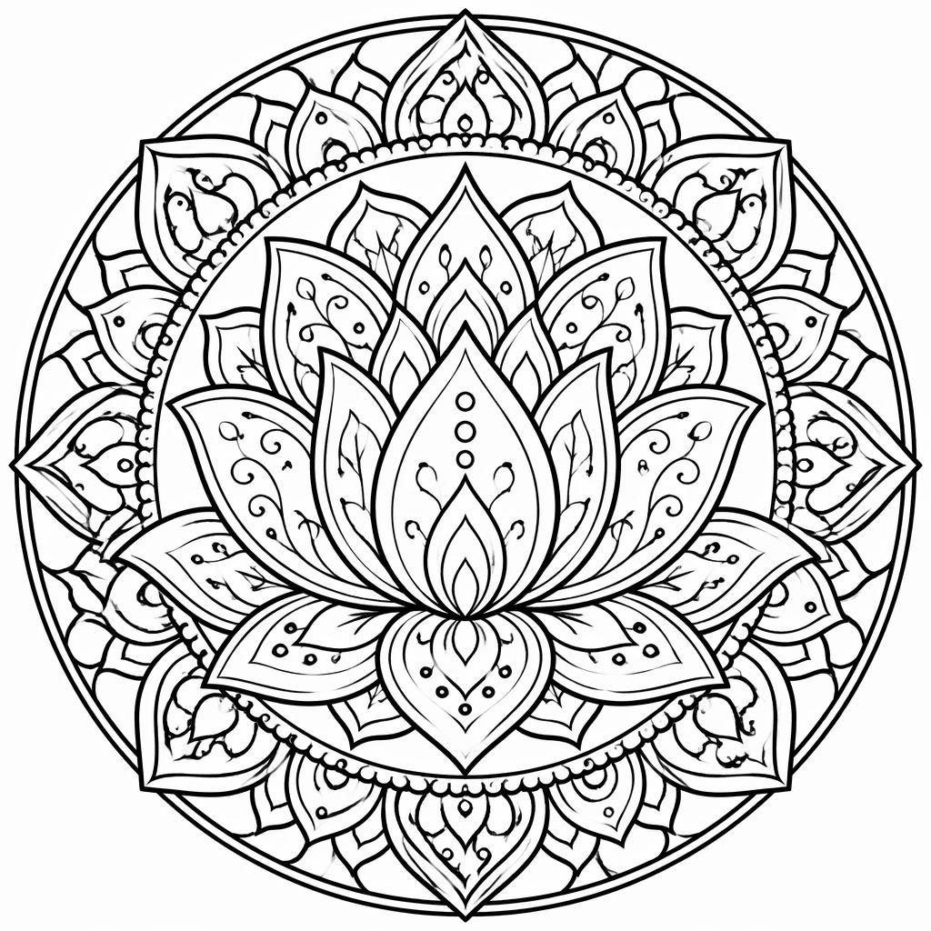 Black-and-white mandala lotus coloring page with intricate adult patterns in a cute cartoon line-art style.
