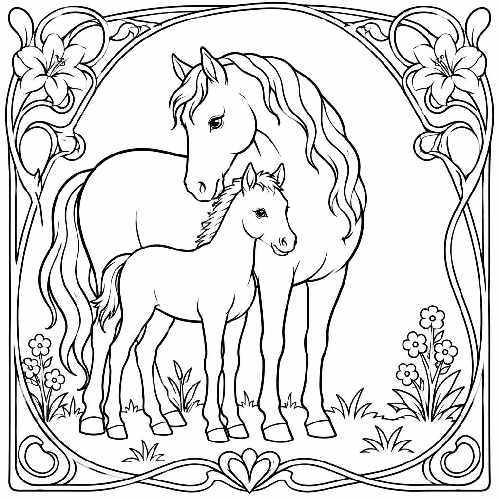 Schwarz-weiße Ausmalbild-Illustration einer Pferdemutter mit Fohlen im einfachen Jugendstil als klare Linienzeichnung.