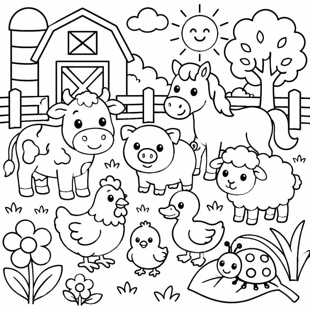 Ilustración en blanco y negro de una escena con animales de granja para niños, líneas gruesas y estilo tierno para colorear.